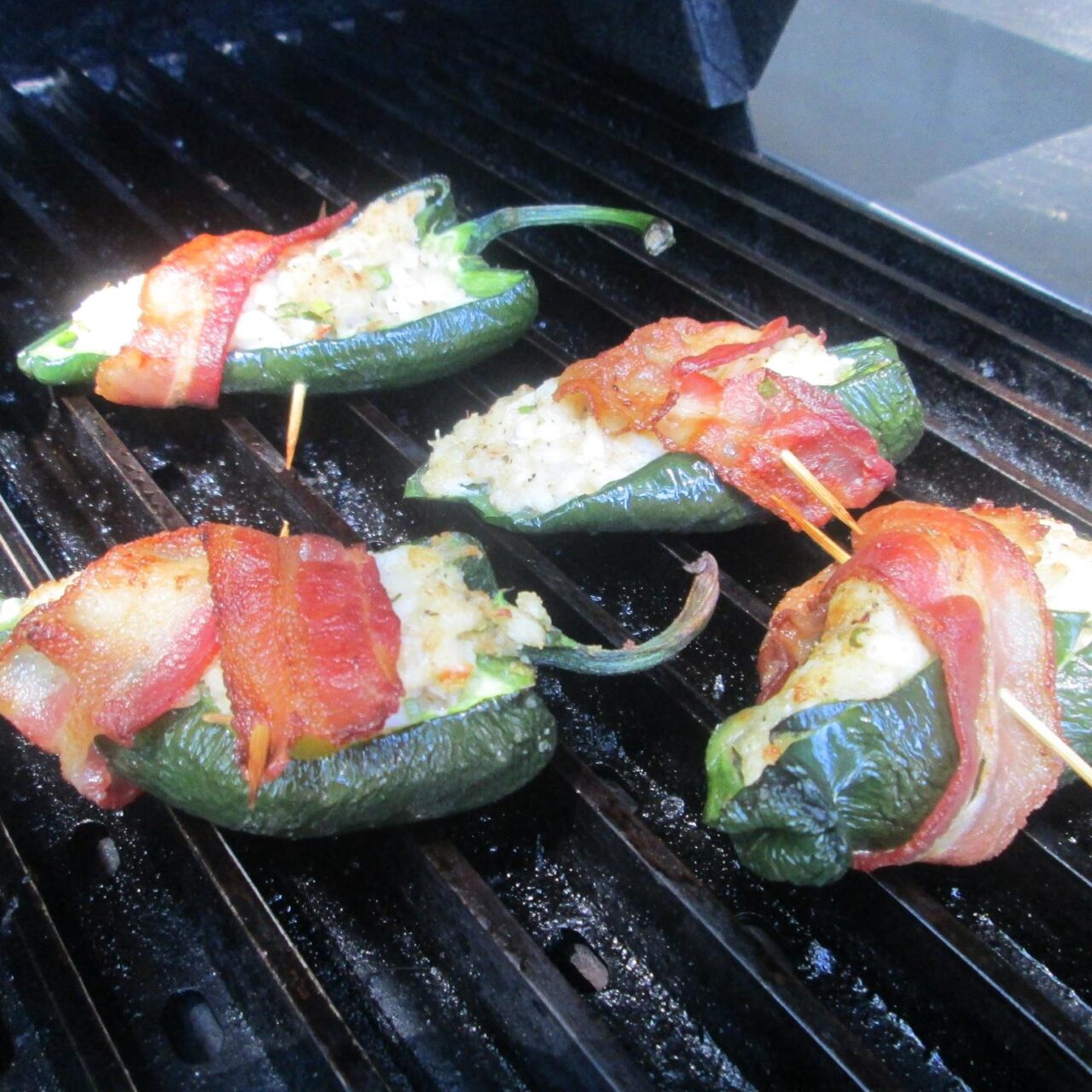 Crab Stuffed, Bacon Wrapped Grilled Poblano Peppers