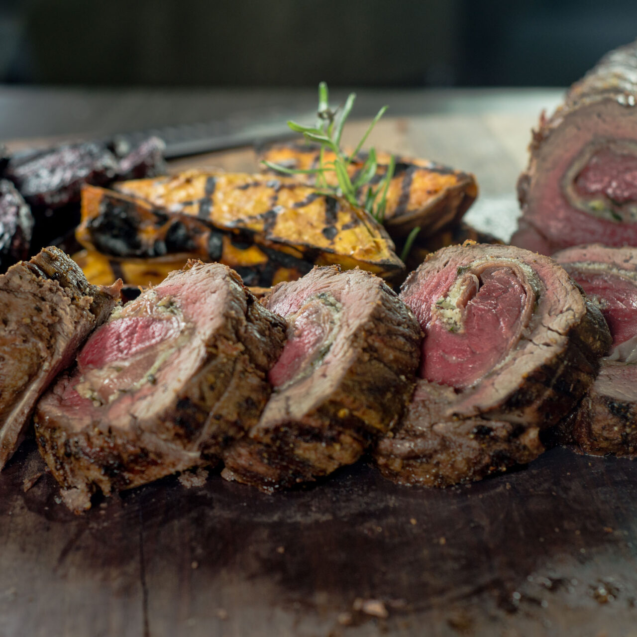Beef Tenderloin Roulade with a Portabella & Red Wine Sauce
