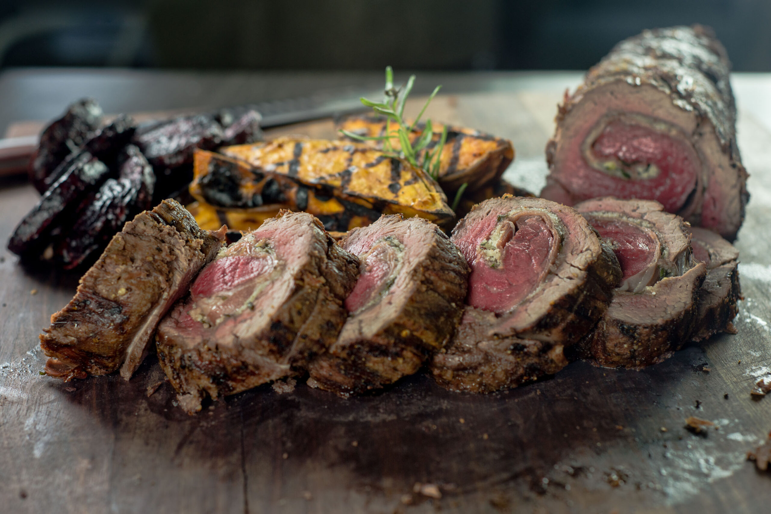 Beef Tenderloin Roulade with a Portabella & Red Wine Sauce