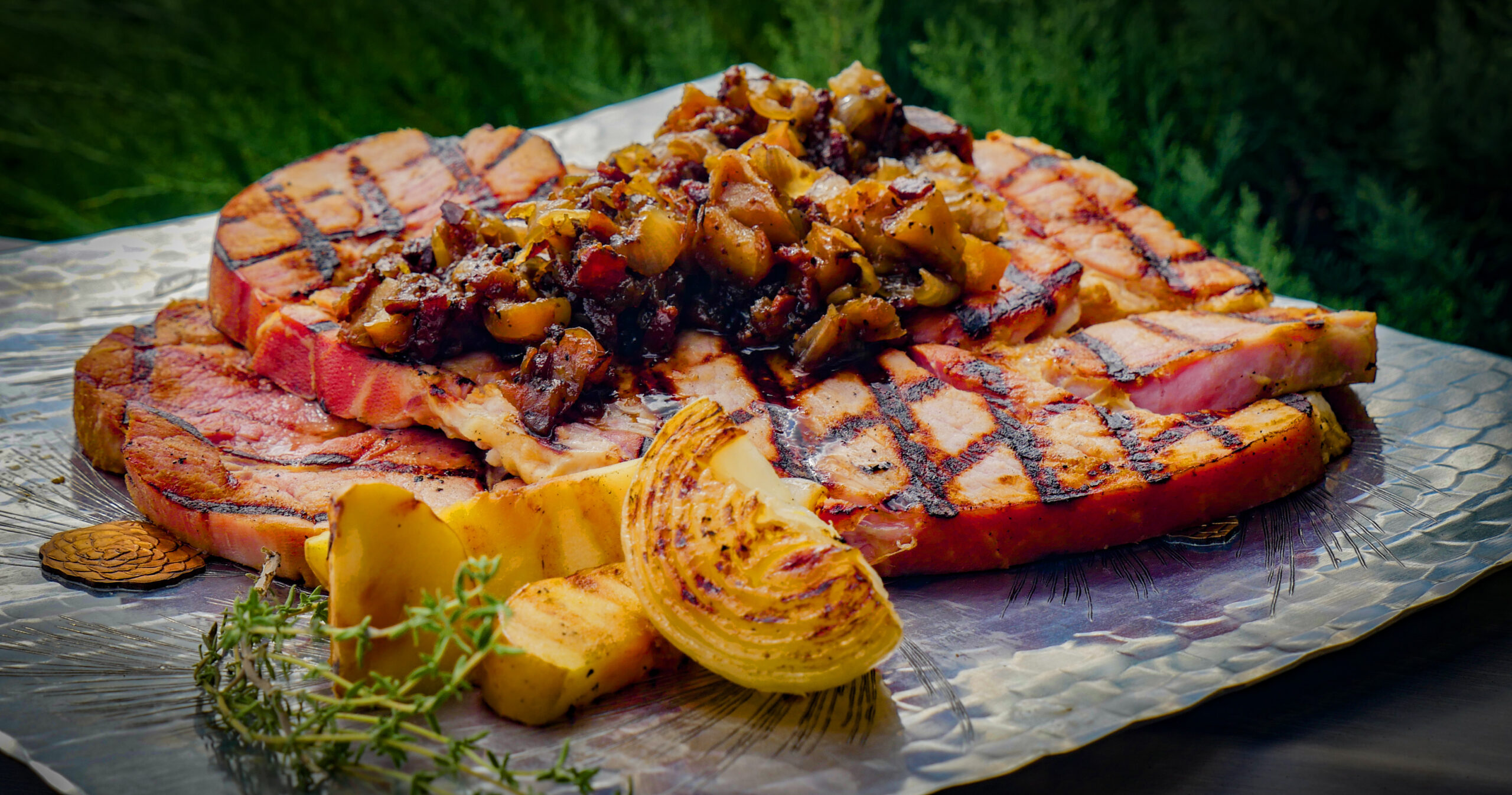 Ham Steaks with Pepper Bacon Apple Jam